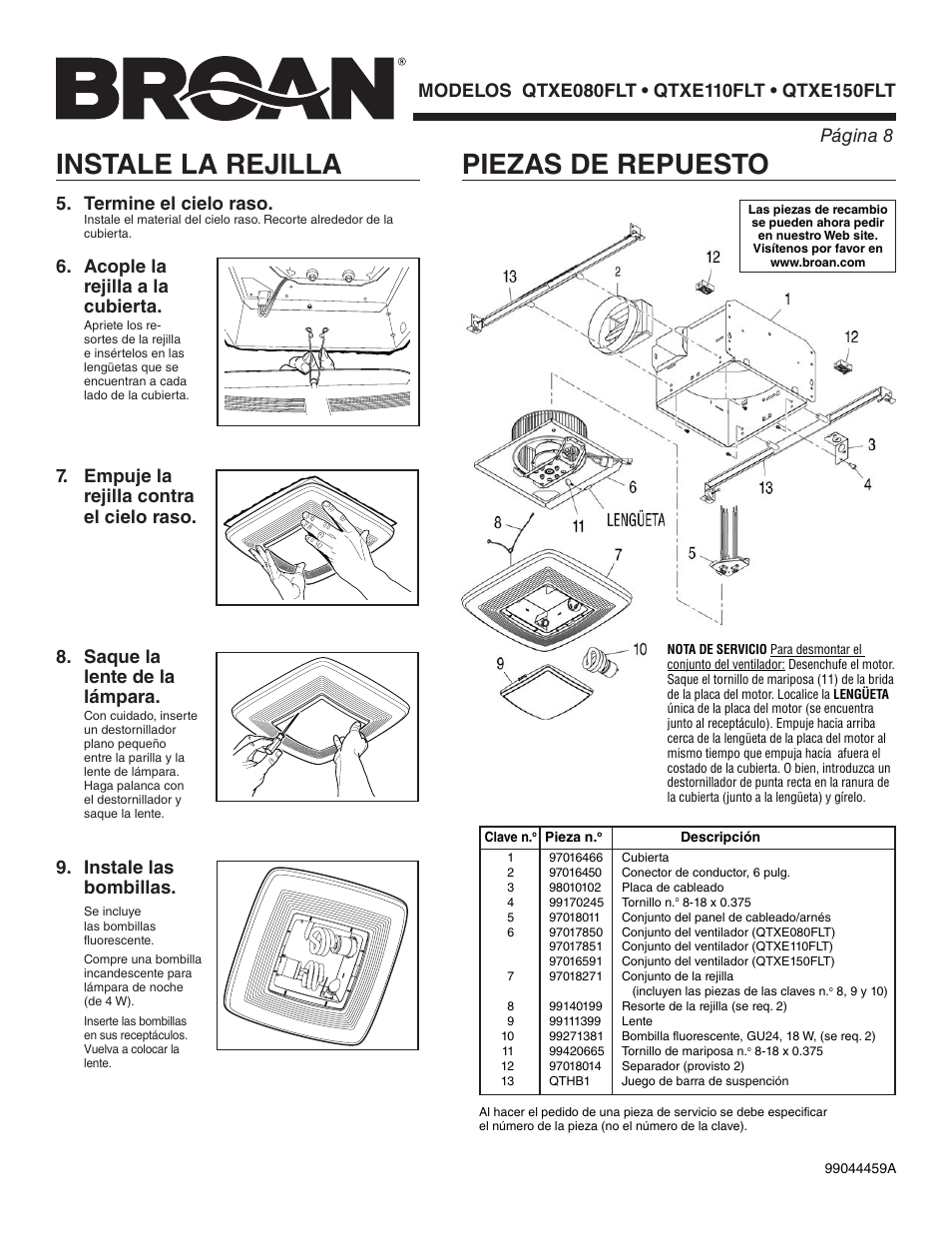 Piezas de repuesto, Instale la rejilla, Termine el cielo raso | Acople la rejilla a la cubierta, Instale las bombillas | Broan QTXE150FLT User Manual | Page 8 / 8