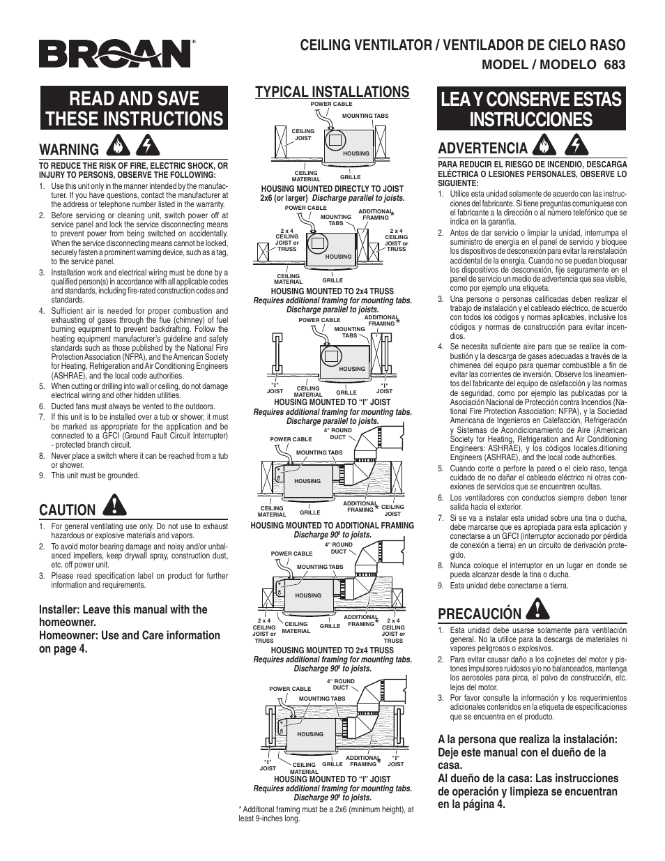 Broan CEILING VENTILATOR 683 User Manual | 4 pages