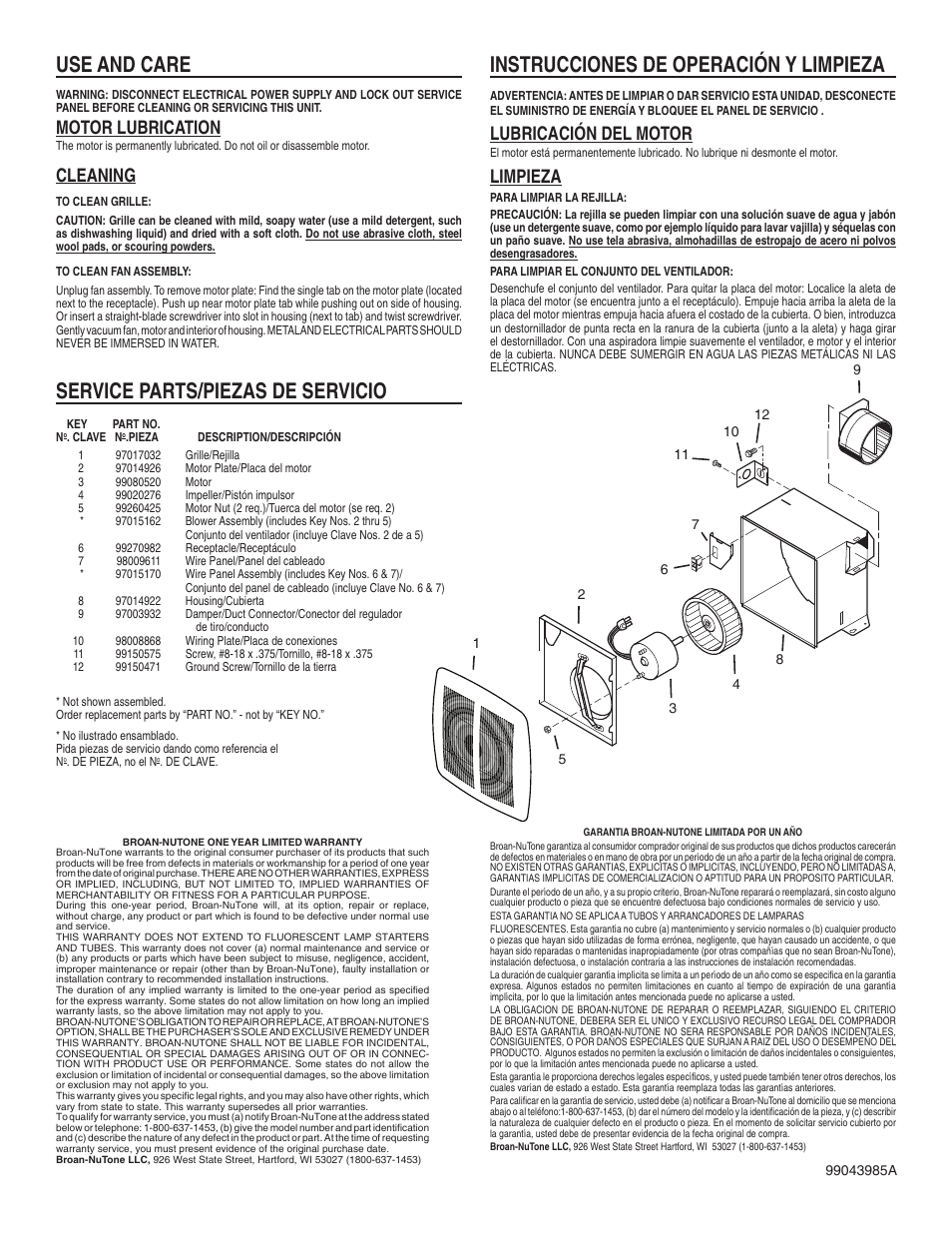 Use and care, Service parts/piezas de servicio, Instrucciones de operación y limpieza | Cleaning, Limpieza, Lubricación del motor, Motor lubrication | Broan CEILING VENTILATOR 683 User Manual | Page 4 / 4