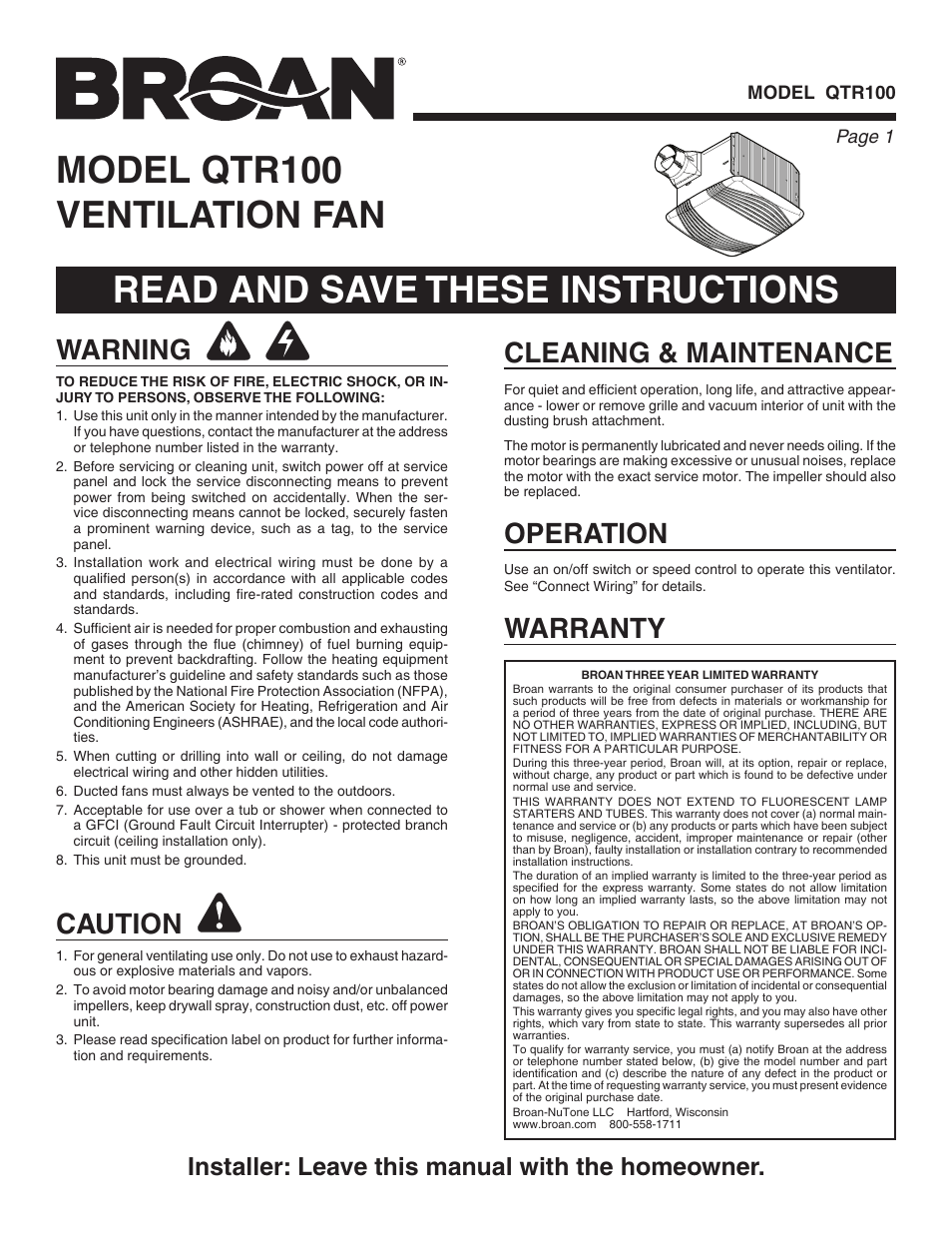 Broan VENTILLATION FAN QTR100 User Manual | 8 pages