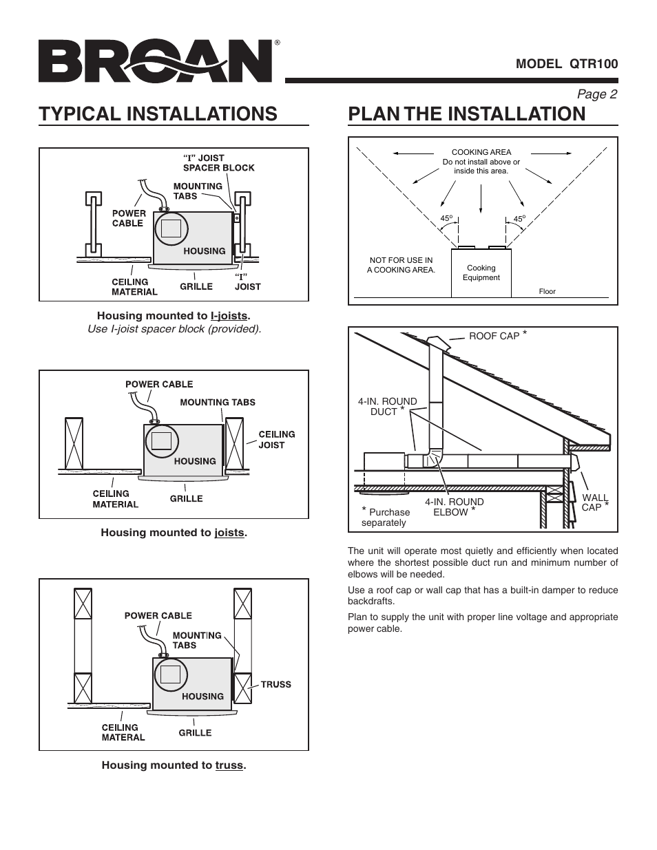 Typical installations, Plan the installation, Page  model qtr100 | Broan VENTILLATION FAN QTR100 User Manual | Page 2 / 8