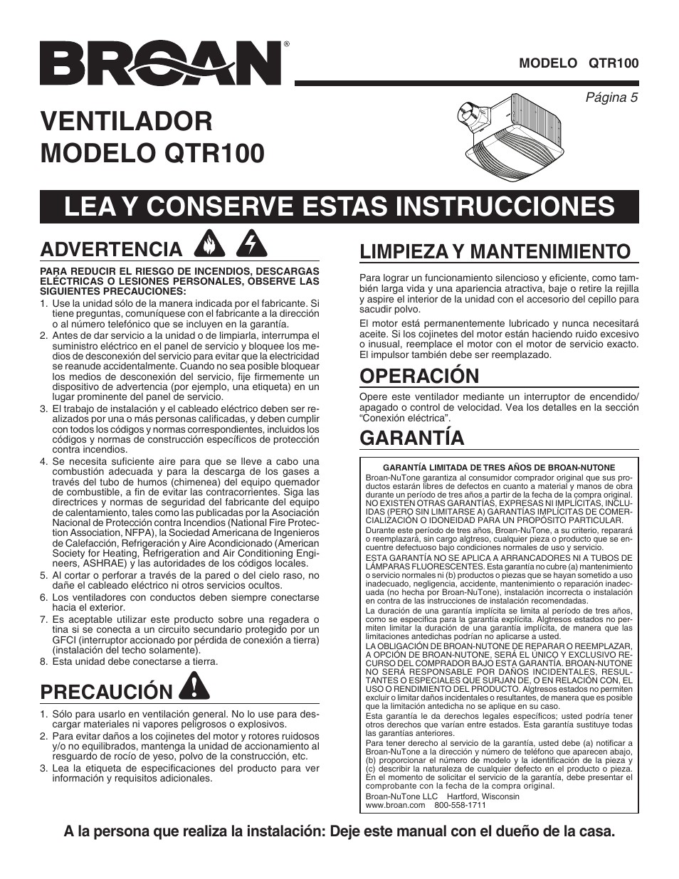 Ventilador modelo qtr100, Lea y conserve estas instrucciones, Advertencia | Precaución, Limpieza y mantenimiento garantía, Operación, Página  modelo qtr100 | Broan VENTILLATION FAN QTR100 User Manual | Page 5 / 8