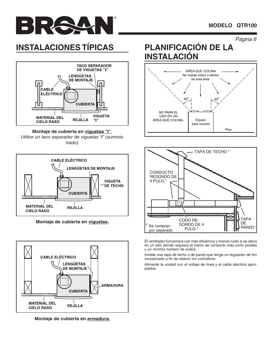 Instalaciones típicas, Planificación de la instalación, Página  modelo qtr100 | Broan VENTILLATION FAN QTR100 User Manual | Page 6 / 8