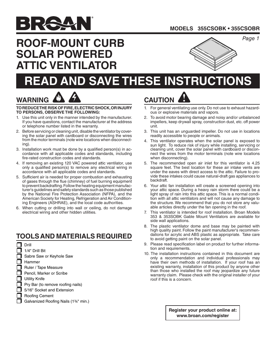 Broan ROOF-MOUNT CURB SOLAR POWERED ATTIC VENTILATOR 355CSOBK User Manual | 20 pages