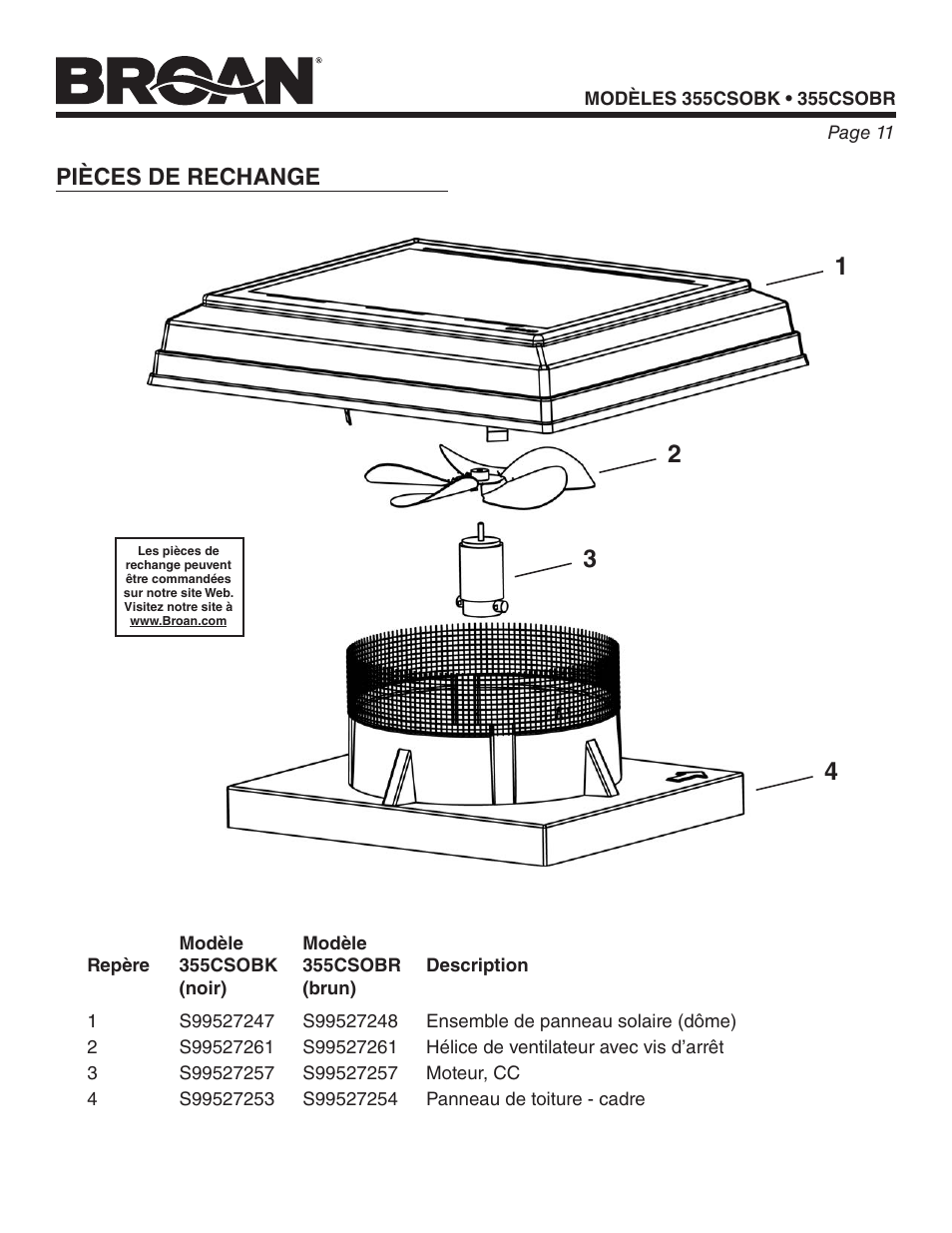 Pièces de rechange | Broan ROOF-MOUNT CURB SOLAR POWERED ATTIC VENTILATOR 355CSOBK User Manual | Page 11 / 20