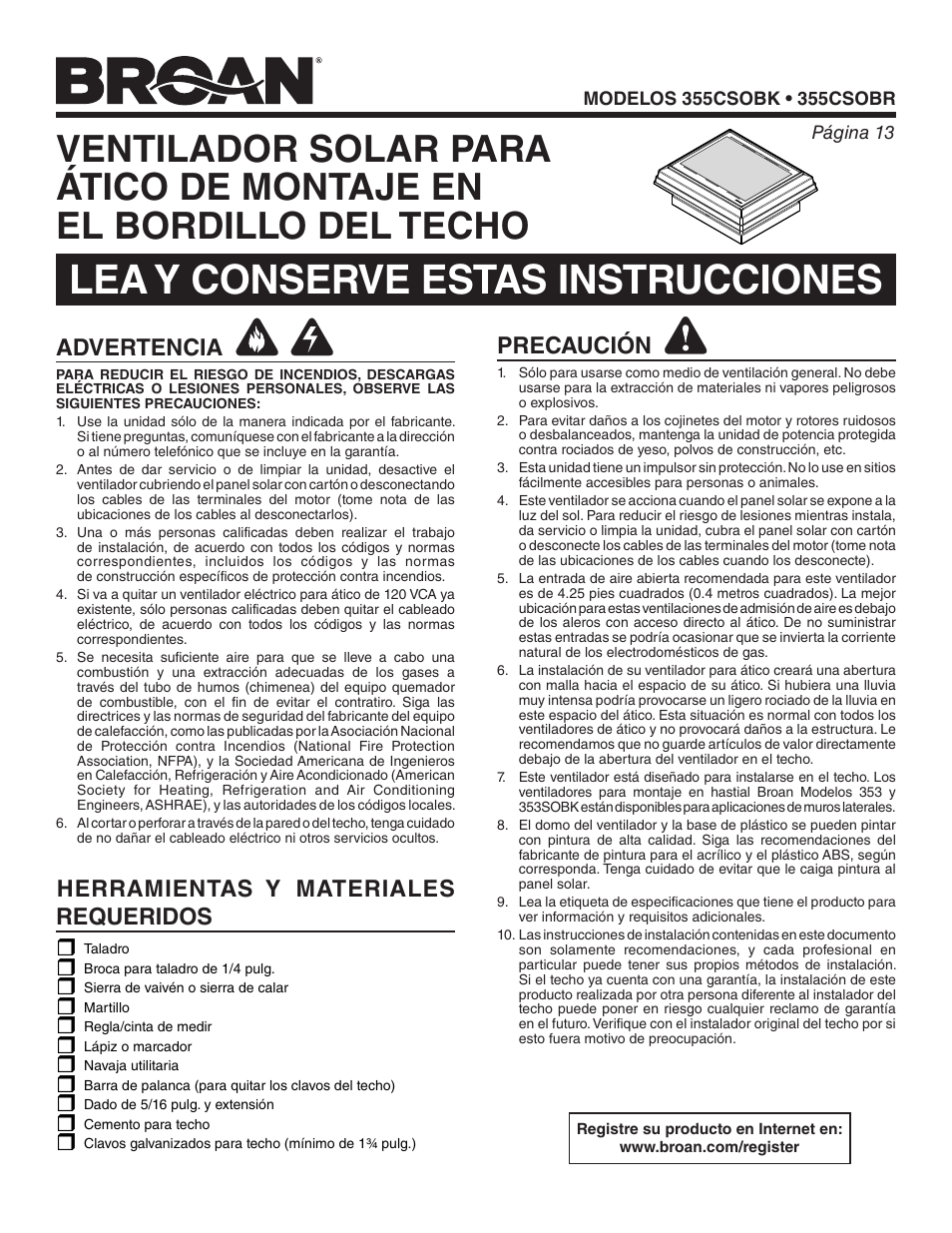 Lea y conserve estas instrucciones, Advertencia, Precaución | Herramientas y materiales requeridos | Broan ROOF-MOUNT CURB SOLAR POWERED ATTIC VENTILATOR 355CSOBK User Manual | Page 13 / 20