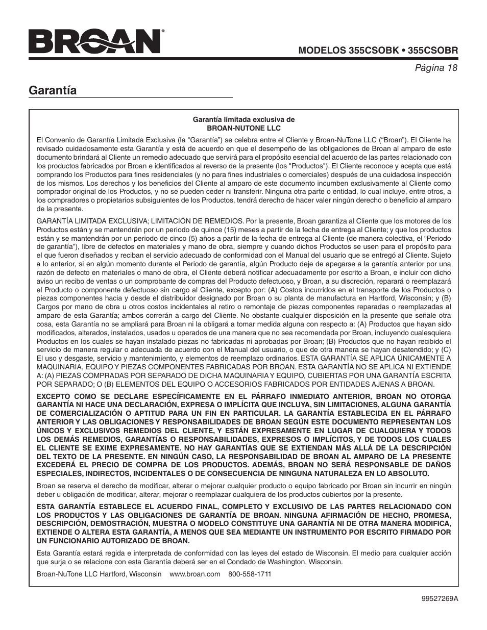 Garantía | Broan ROOF-MOUNT CURB SOLAR POWERED ATTIC VENTILATOR 355CSOBK User Manual | Page 18 / 20