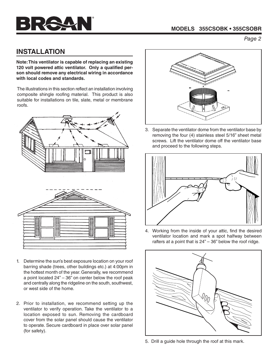 Installation | Broan ROOF-MOUNT CURB SOLAR POWERED ATTIC VENTILATOR 355CSOBK User Manual | Page 2 / 20