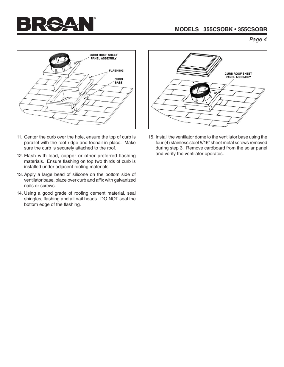 Broan ROOF-MOUNT CURB SOLAR POWERED ATTIC VENTILATOR 355CSOBK User Manual | Page 4 / 20