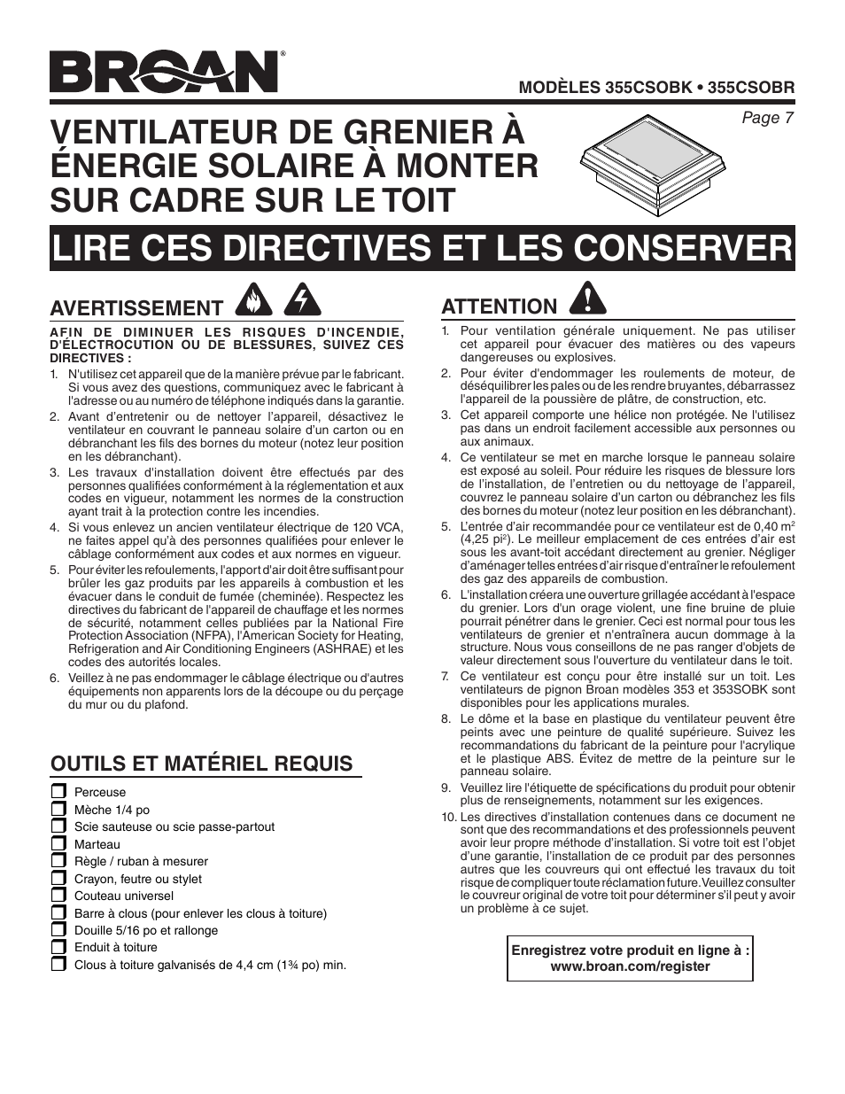 Lire ces directives et les conserver, Avertissement, Attention | Outils et matériel requis | Broan ROOF-MOUNT CURB SOLAR POWERED ATTIC VENTILATOR 355CSOBK User Manual | Page 7 / 20