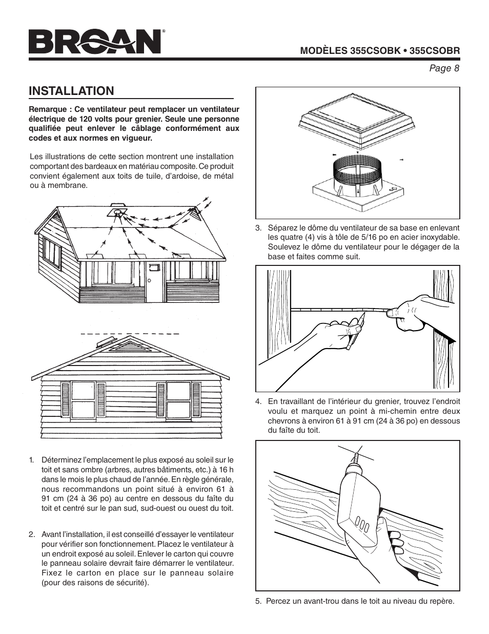 Installation | Broan ROOF-MOUNT CURB SOLAR POWERED ATTIC VENTILATOR 355CSOBK User Manual | Page 8 / 20