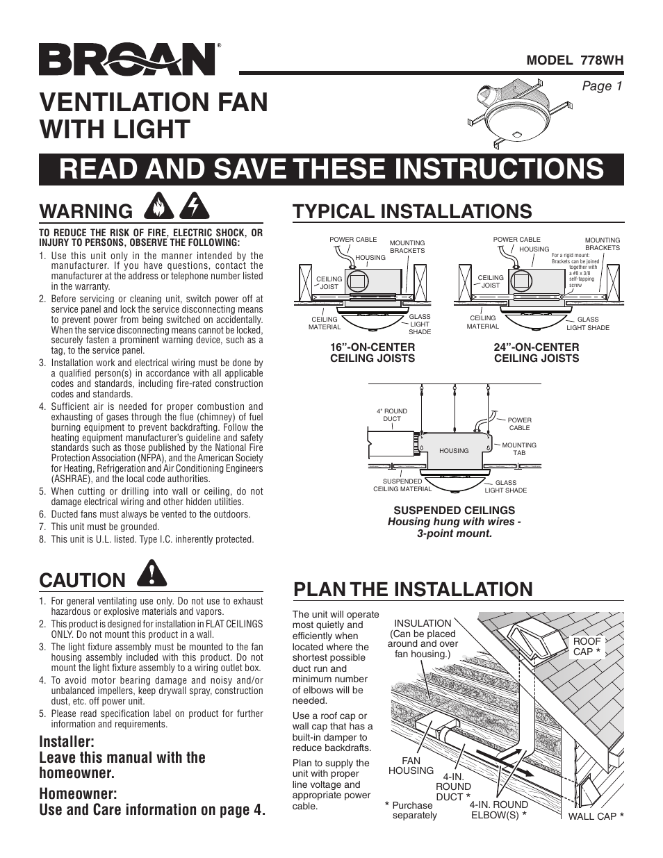 Broan 778WH User Manual | 12 pages