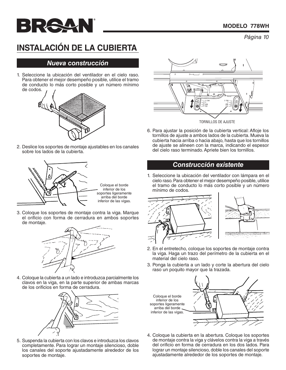 Instalación de la cubierta, Construcción existente, Nueva construcción | Broan 778WH User Manual | Page 10 / 12