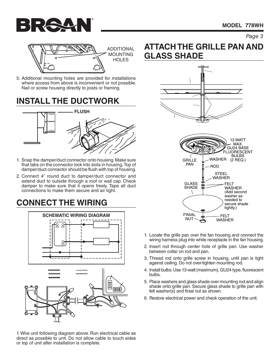 Connect the wiring, Page 3 model 778wh | Broan 778WH User Manual | Page 3 / 12