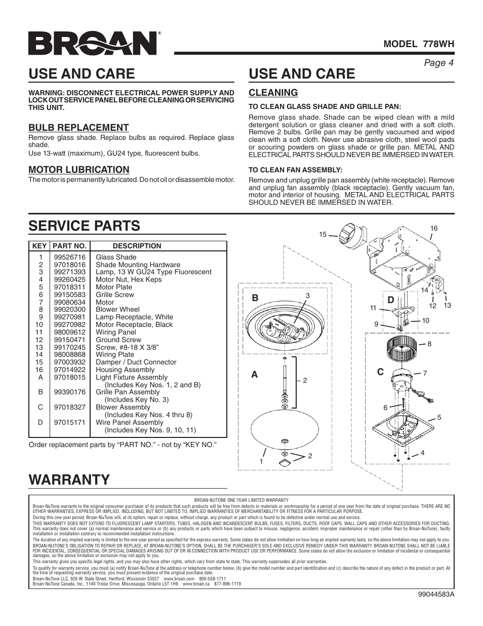 Use and care, Service parts warranty, Page 4 model 778wh | Bulb replacement, Motor lubrication, Cleaning, Ac d | Broan 778WH User Manual | Page 4 / 12