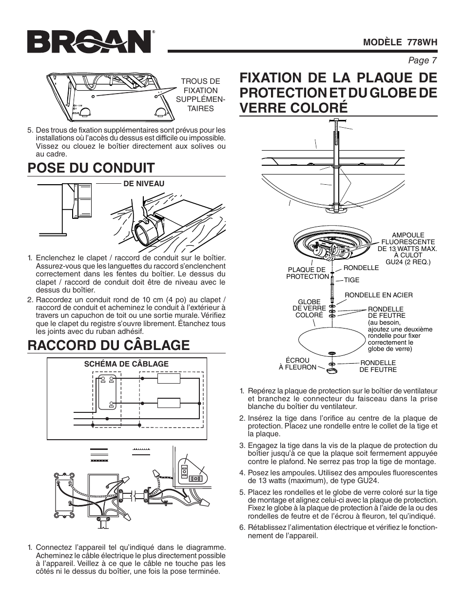 Raccord du câblage, Page 7 modèle 778wh | Broan 778WH User Manual | Page 7 / 12