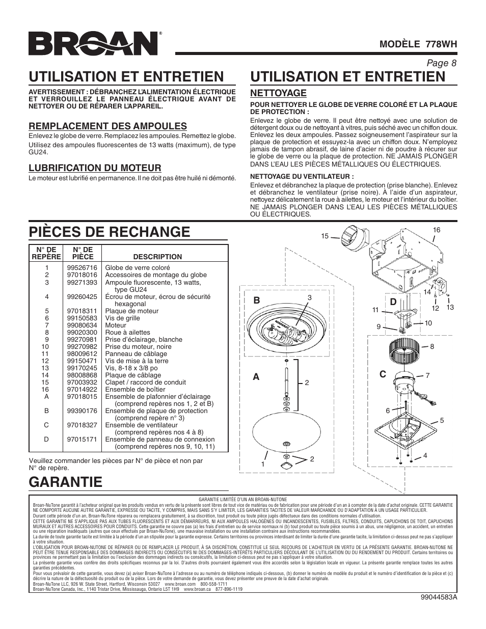 Utilisation et entretien, Pièces de rechange garantie, Page 8 modèle 778wh | Remplacement des ampoules, Lubrification du moteur, Nettoyage, Ac d | Broan 778WH User Manual | Page 8 / 12