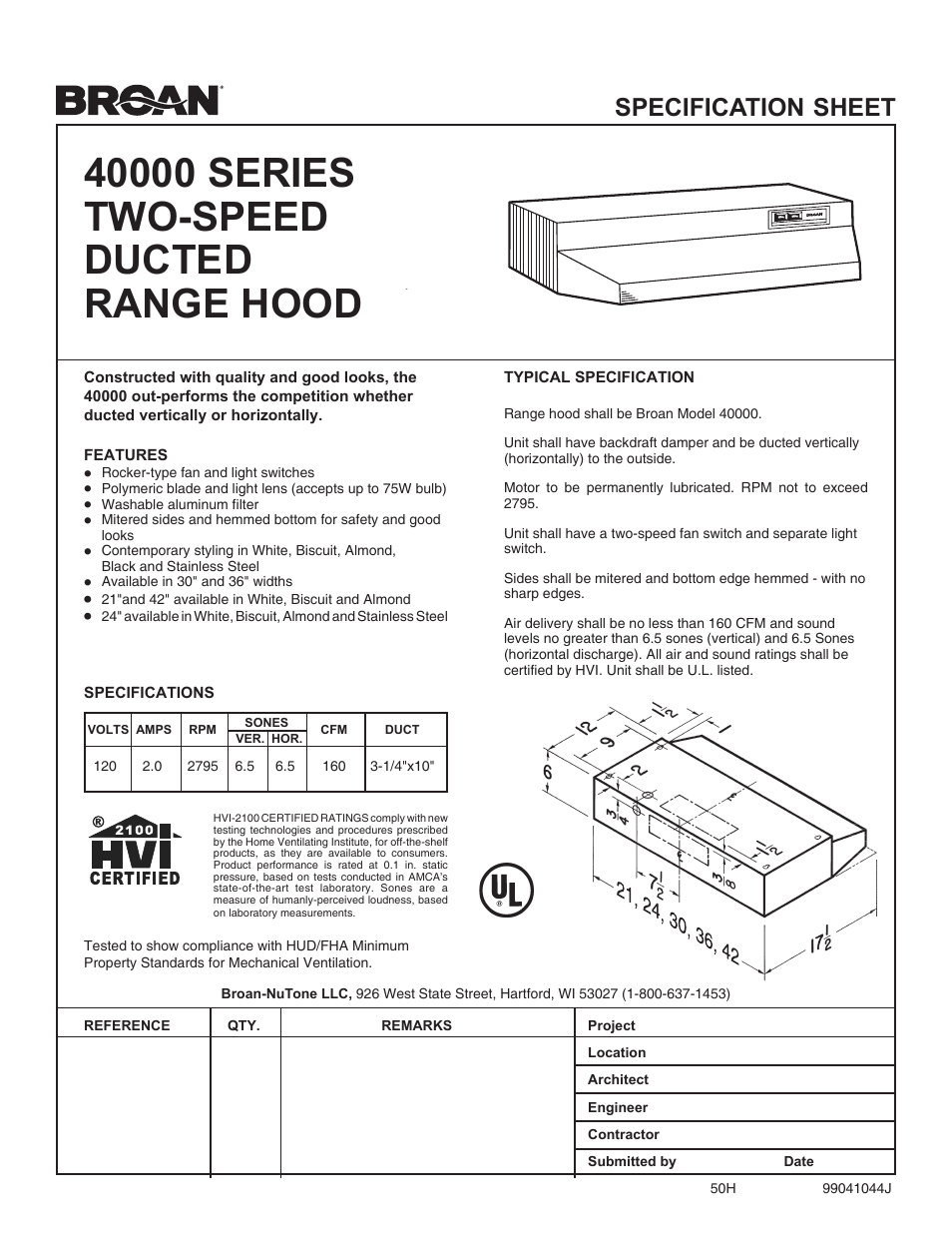 Broan Two-Speed Ducted Range Hood 40000 Series User Manual | 1 page