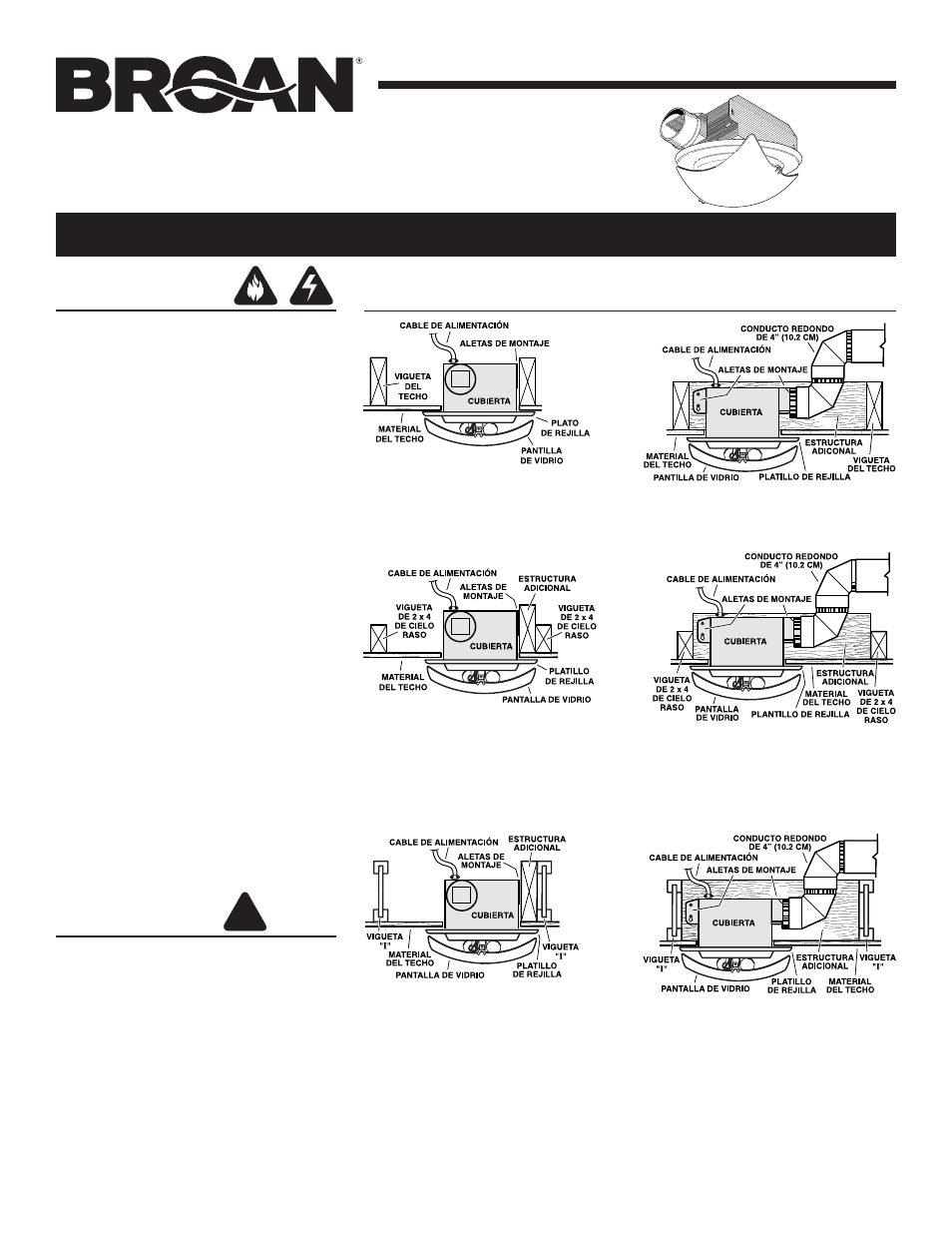 Ventilador de cielo raso serie decorativa, Lea y conserve estas instrucciones, Advertencia | Precaución, Instalaciones típicas | Broan 758 User Manual | Page 5 / 8