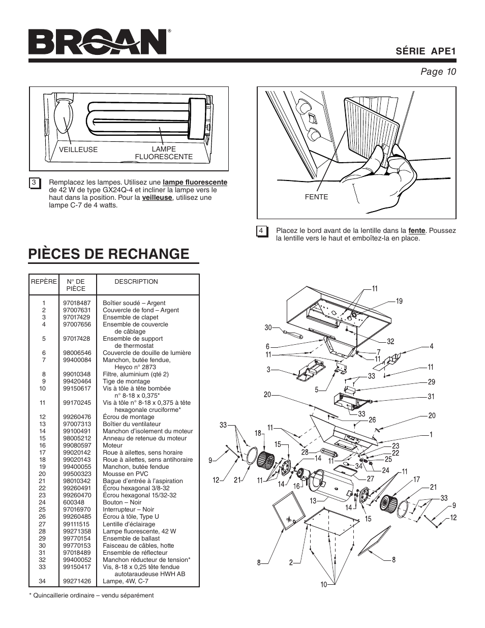 Pièces de rechange, Série ape1 page 10 | Broan APE1 User Manual | Page 10 / 16