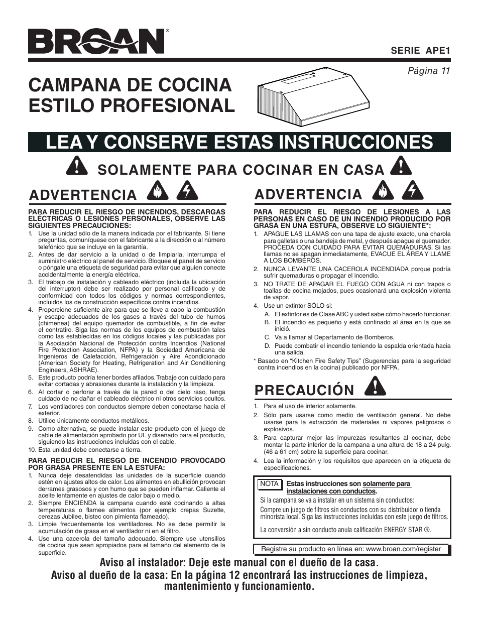 Advertencia precaución, Solamente para cocinar en casa advertencia, Serie ape1 página 11 | Broan APE1 User Manual | Page 11 / 16