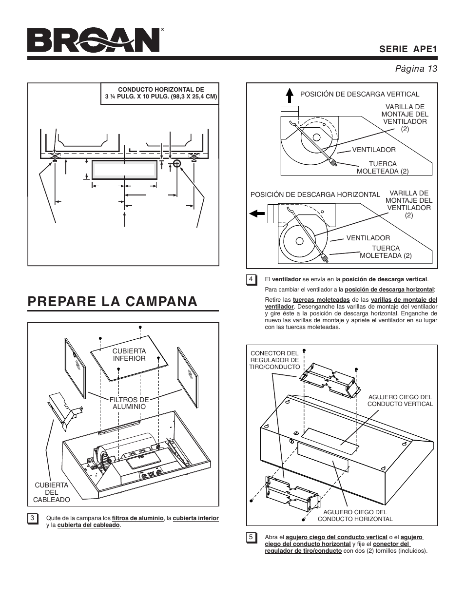 Prepare la campana, Serie ape1 página 13 | Broan APE1 User Manual | Page 13 / 16