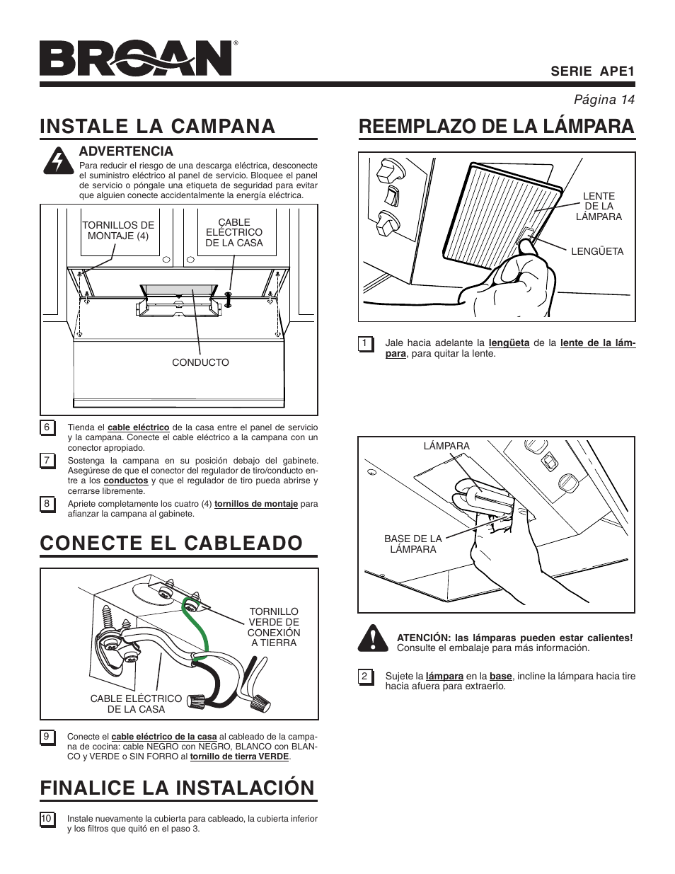 Instale la campana, Conecte el cableado, Finalice la instalación | Reemplazo de la lámpara, Serie ape1 página 14, Advertencia | Broan APE1 User Manual | Page 14 / 16