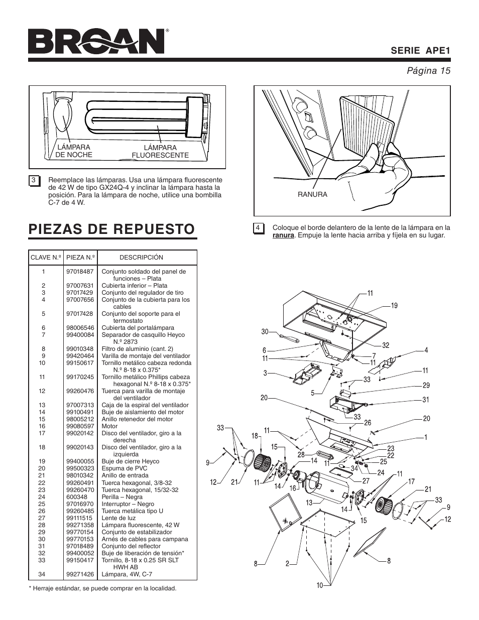 Piezas de repuesto, Serie ape1 página 15 | Broan APE1 User Manual | Page 15 / 16