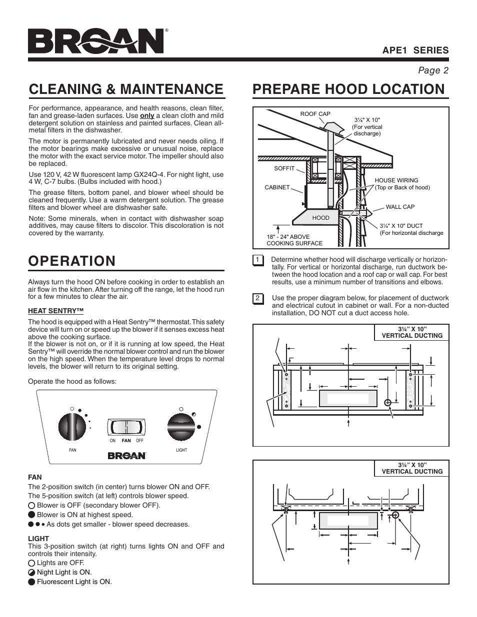 Cleaning & maintenance, Prepare hood location, Operation | Ape1 series page 2 | Broan APE1 User Manual | Page 2 / 16