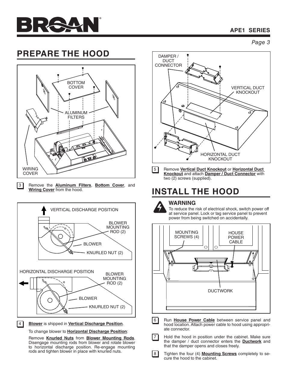 Prepare the hood, Install the hood, Ape1 series page 3 | Warning | Broan APE1 User Manual | Page 3 / 16