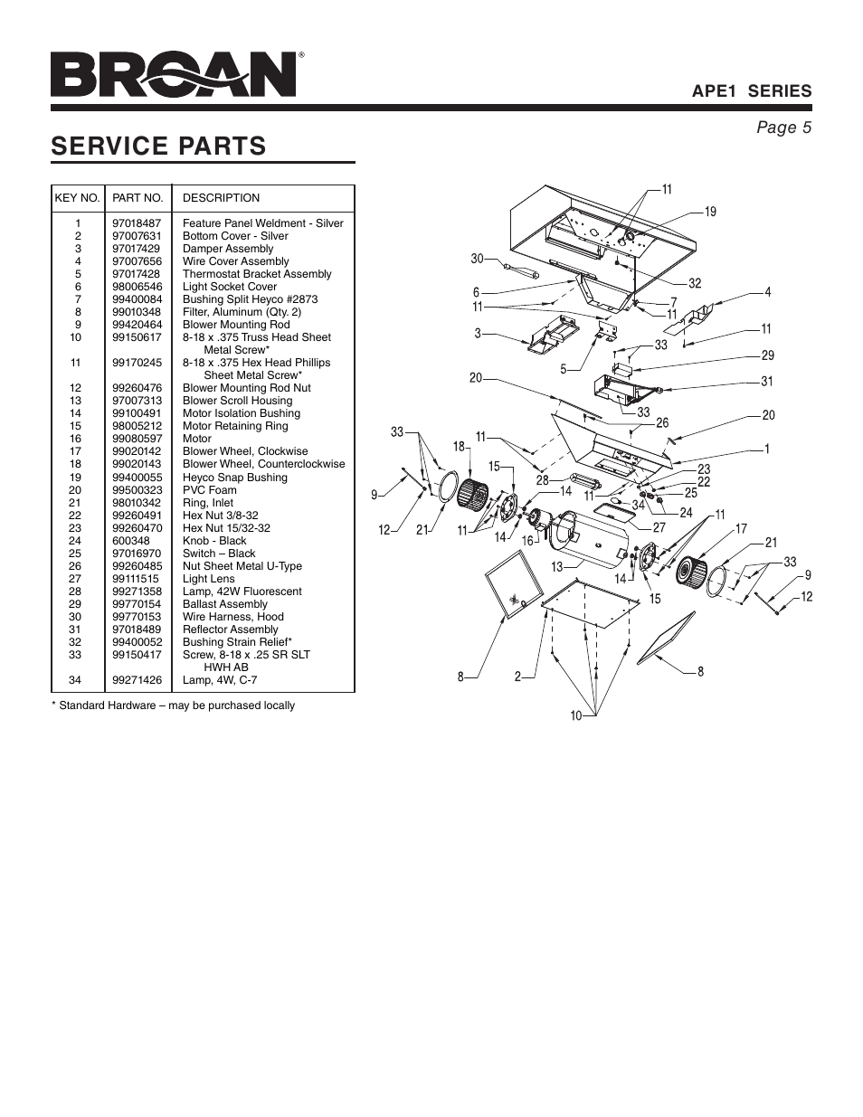 Service parts, Ape1 series page 5 | Broan APE1 User Manual | Page 5 / 16