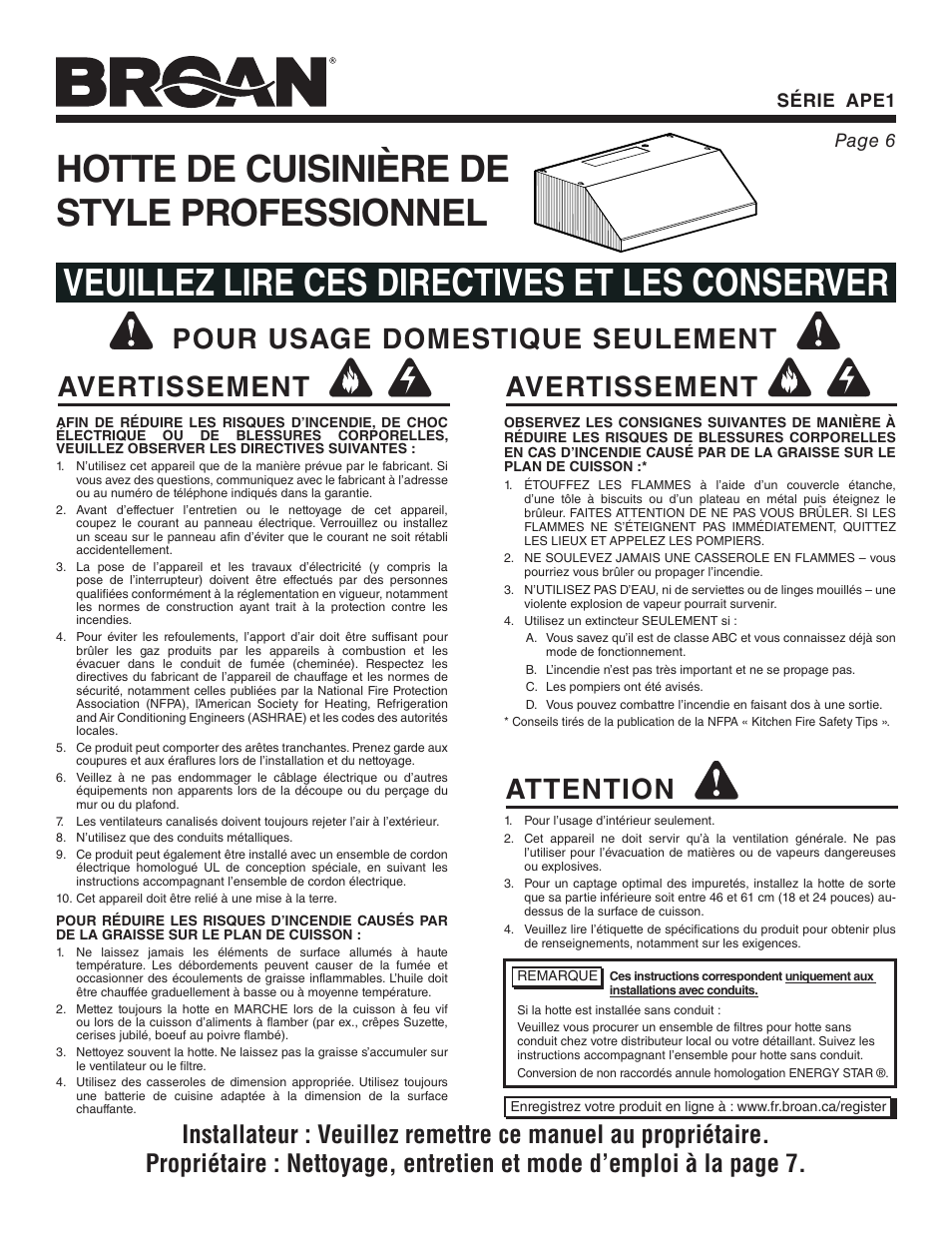 Avertissement attention, Pour usage domestique seulement avertissement, Série ape1 page 6 | Broan APE1 User Manual | Page 6 / 16