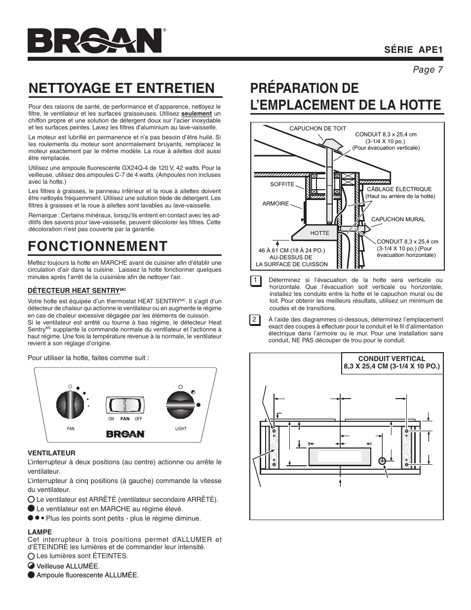 Nettoyage et entretien, Préparation de l’emplacement de la hotte, Fonctionnement | Série ape1 page 7 | Broan APE1 User Manual | Page 7 / 16