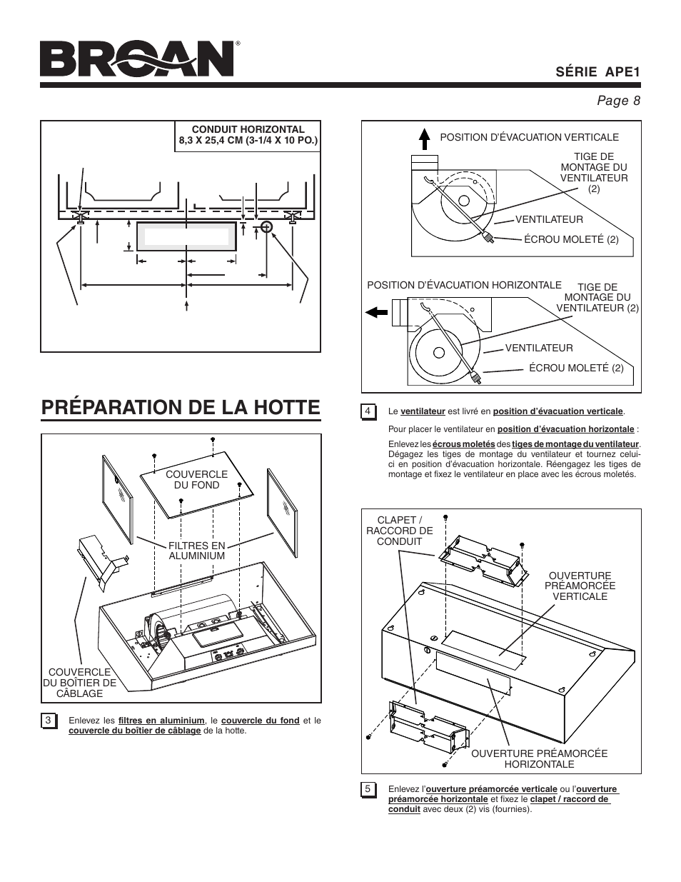 Préparation de la hotte, Série ape1 page 8 | Broan APE1 User Manual | Page 8 / 16