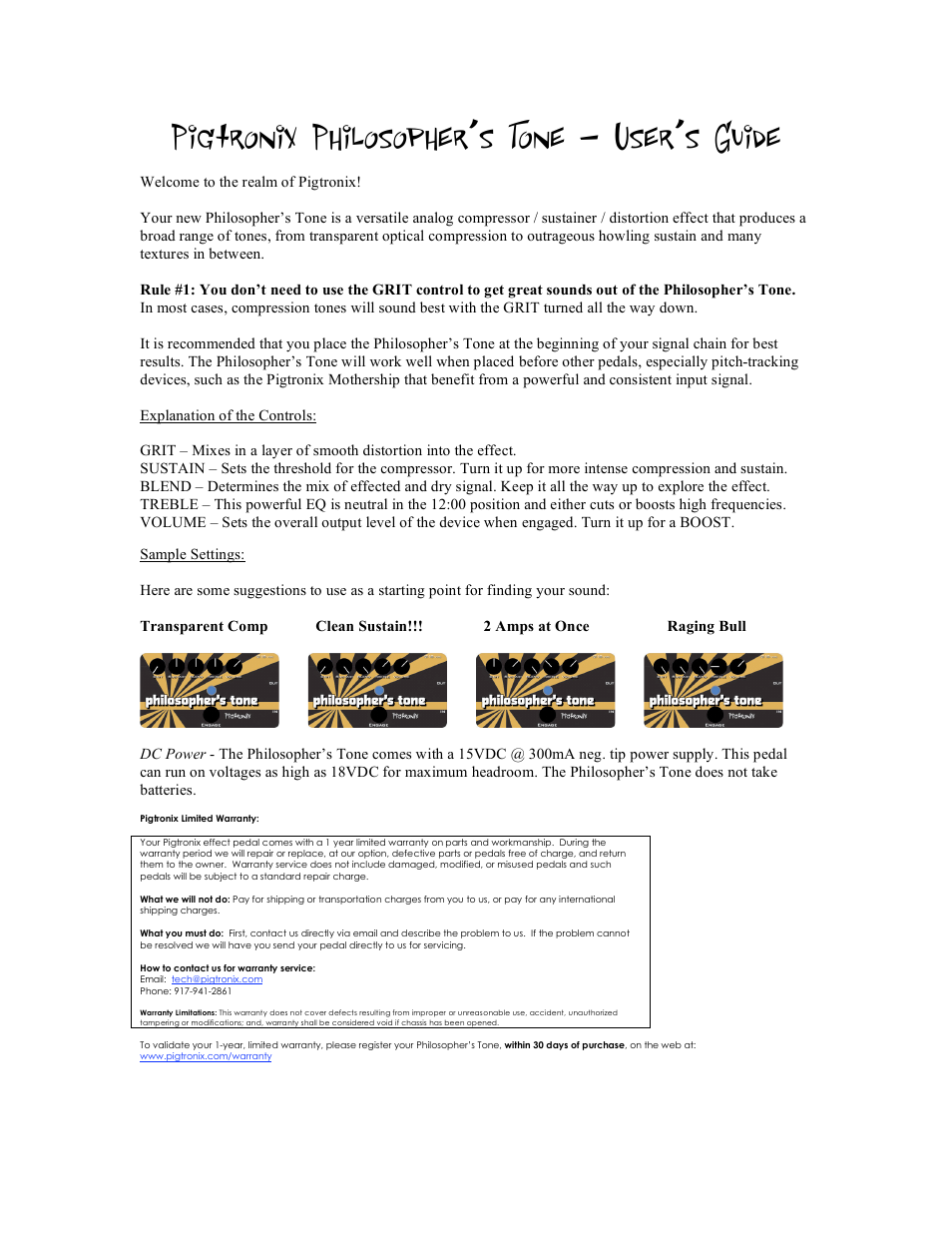 Pigtronix Philosopher’s Tone User Manual | 1 page