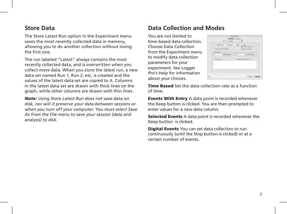 Store data, Data collection and modes | Vernier Logger Pro 3 User Manual | Page 11 / 20