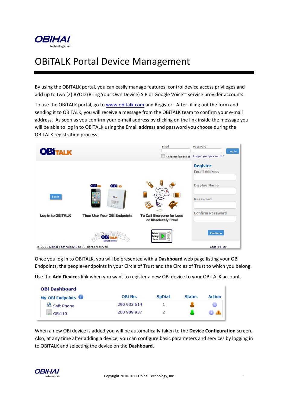 Obihai OBiTALK Portal Device Management (SIP & Google Voice) User Manual | 10 pages