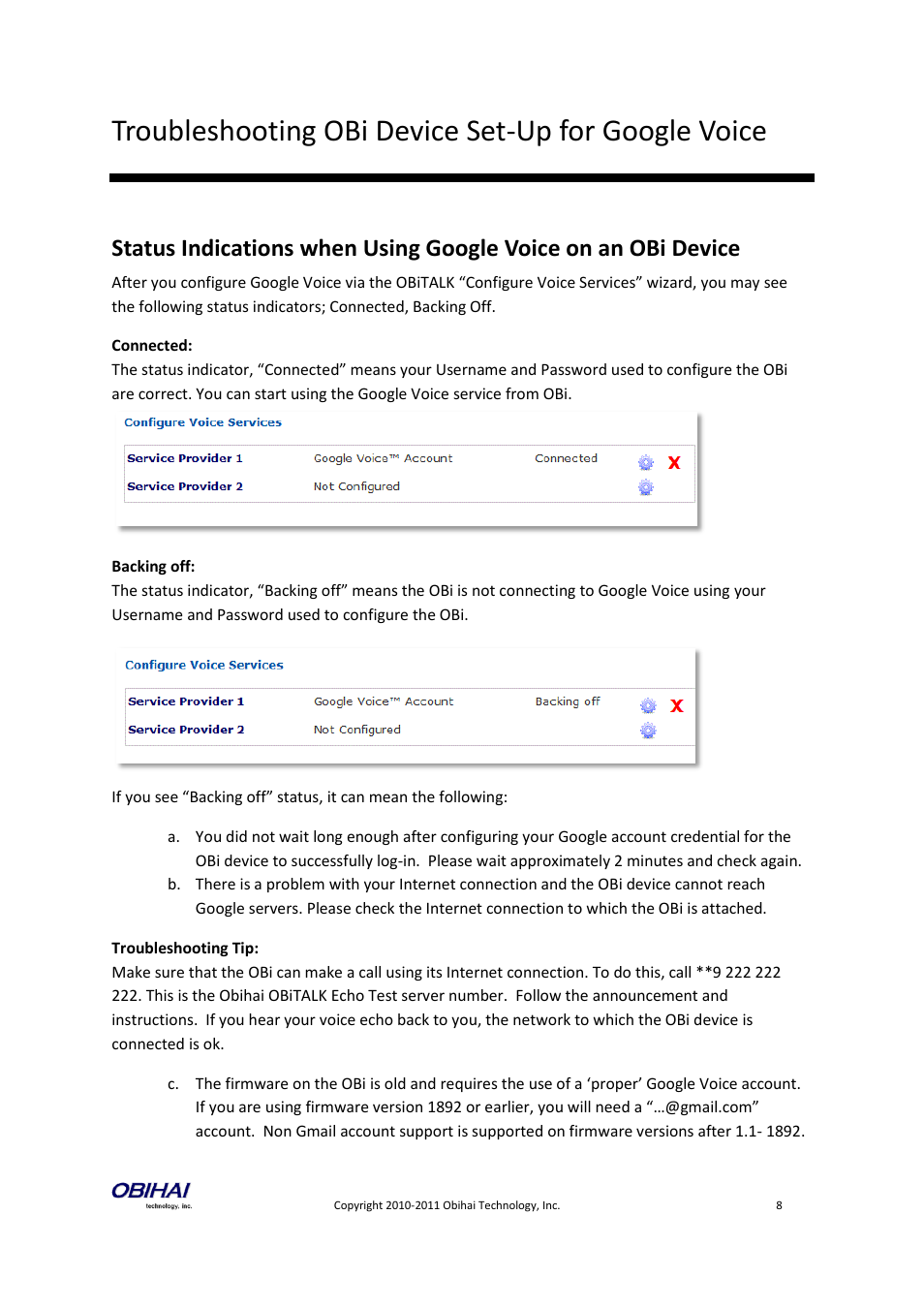 Troubleshooting obi device set-up for google voice | Obihai OBiTALK Portal Device Management (SIP & Google Voice) User Manual | Page 8 / 10