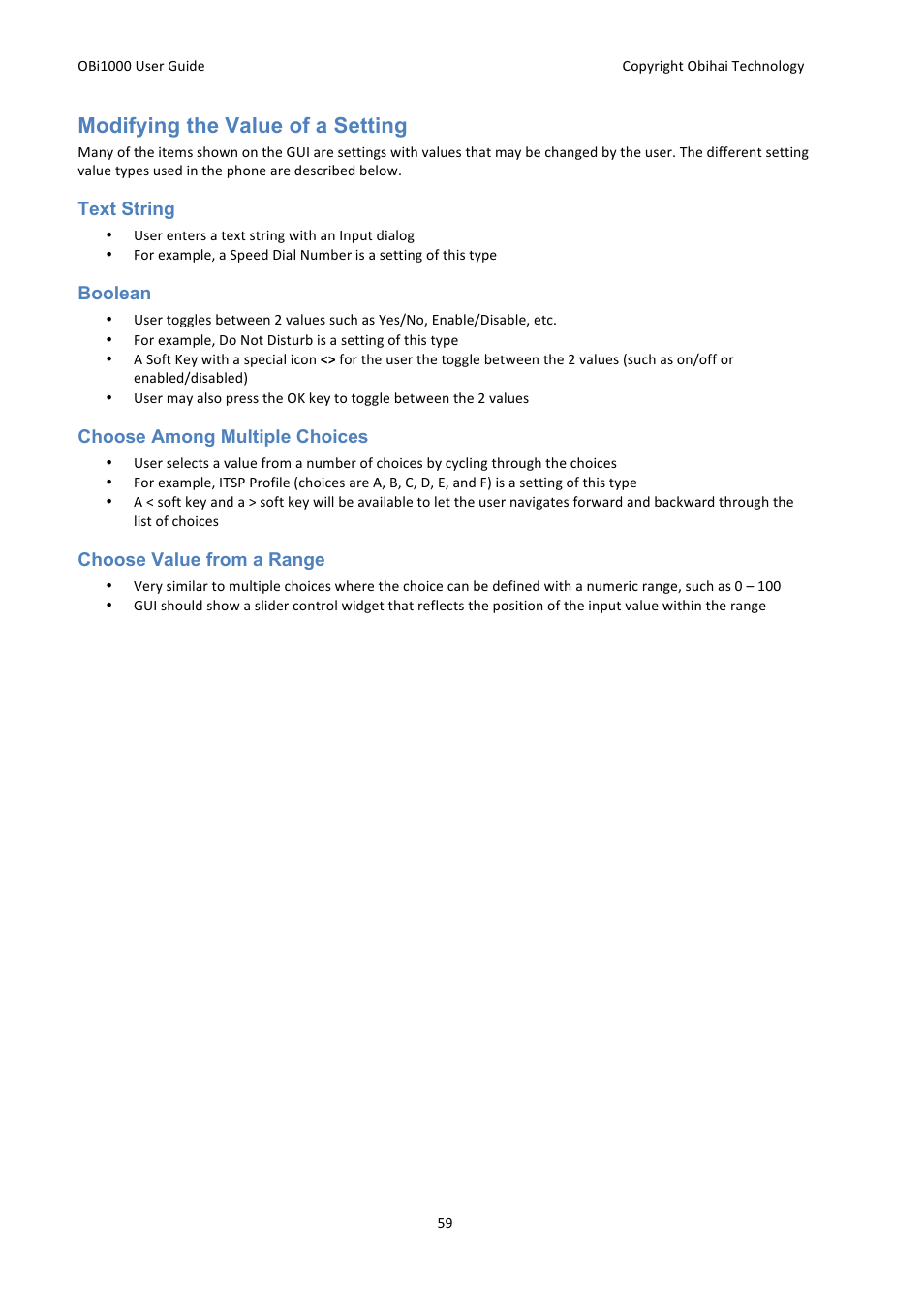 Modifying the value of a setting | Obihai OBi1000 User Guide User Manual | Page 59 / 62