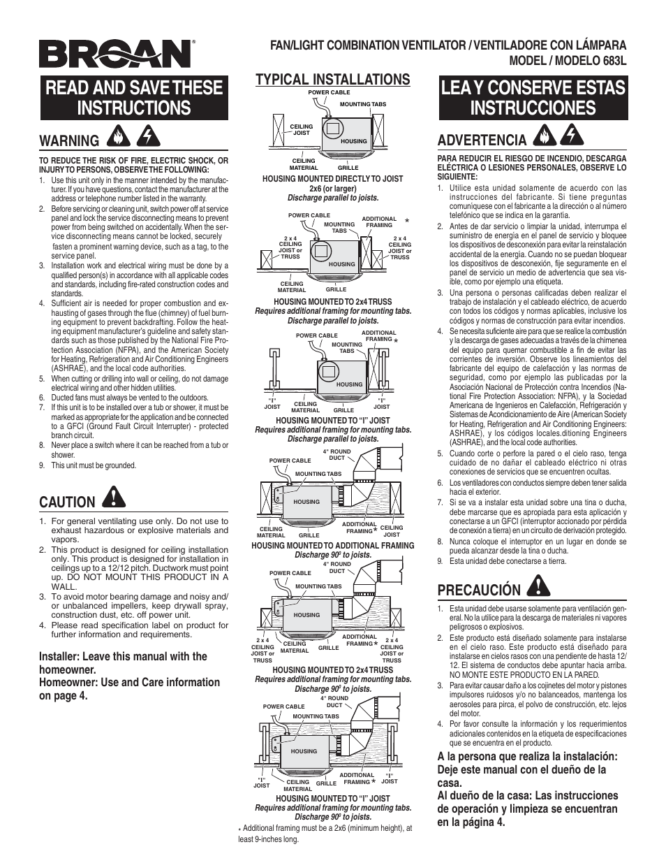 Broan 683L User Manual | 4 pages