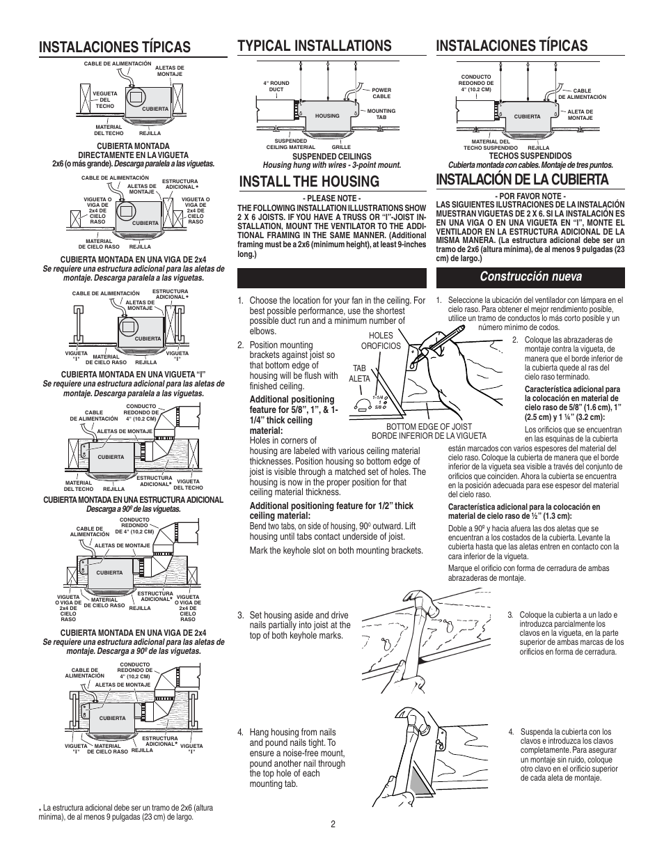 Instalaciones típicas, Typical installations instalaciones típicas, Install the housing | Instalación de la cubierta, New construction, Construcción nueva | Broan 683L User Manual | Page 2 / 4