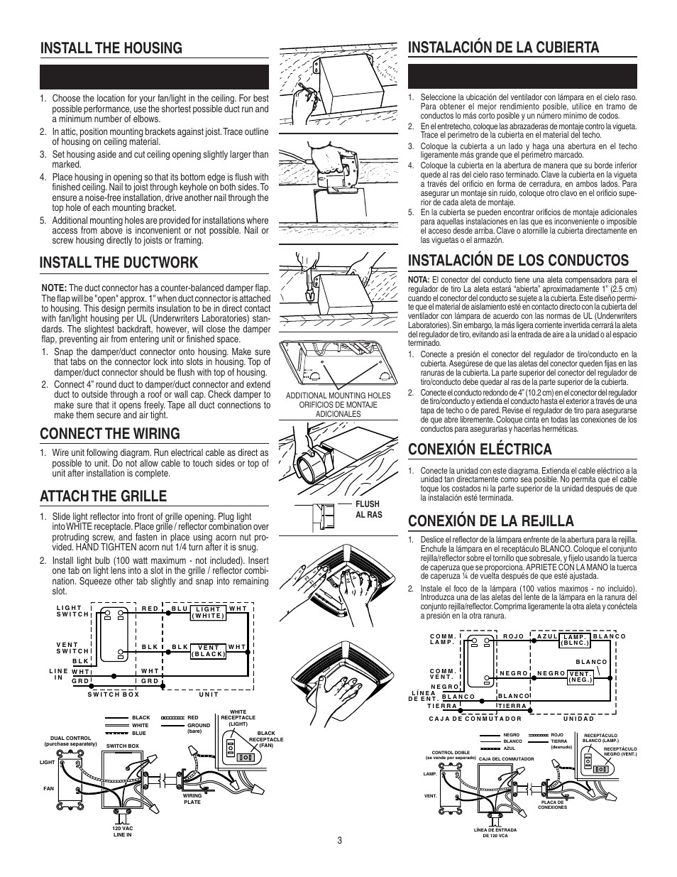 Install the housing install the ductwork, Connect the wiring, Attach the grille | Instalación de la cubierta, Instalación de los conductos, Conexión de la rejilla, Conexión eléctrica, Existing construction, Construcción existente | Broan 683L User Manual | Page 3 / 4