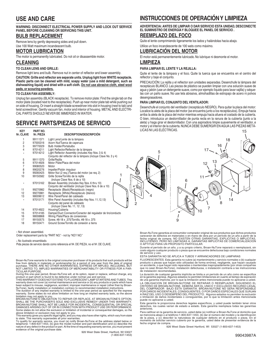 Use and care, Service parts/piezas de servicio, Instrucciones de operación y limpieza | Bulb replacement, Motor lubrication, Cleaning, Reemplazo del foco, Lubricación del motor, Limpieza | Broan 683L User Manual | Page 4 / 4