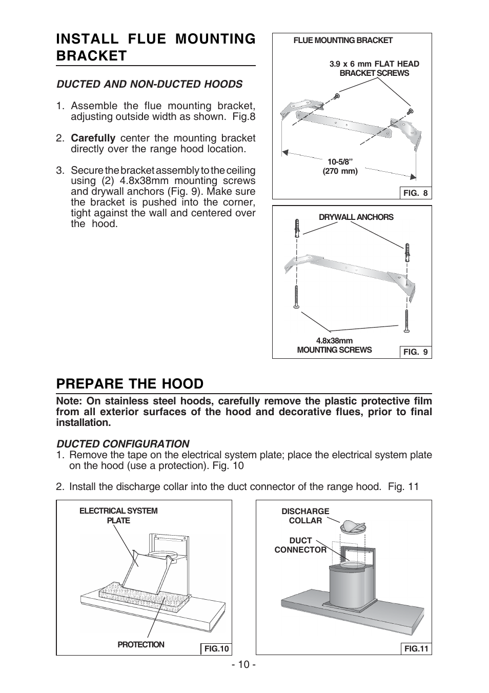 Install flue mounting bracket, Prepare the hood | Broan E55000 User Manual | Page 10 / 44