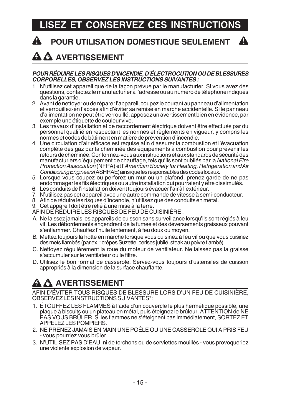 Lisez et conservez ces instructions, Avertissement, Pour utilisation domestique seulement | Broan E55000 User Manual | Page 15 / 44