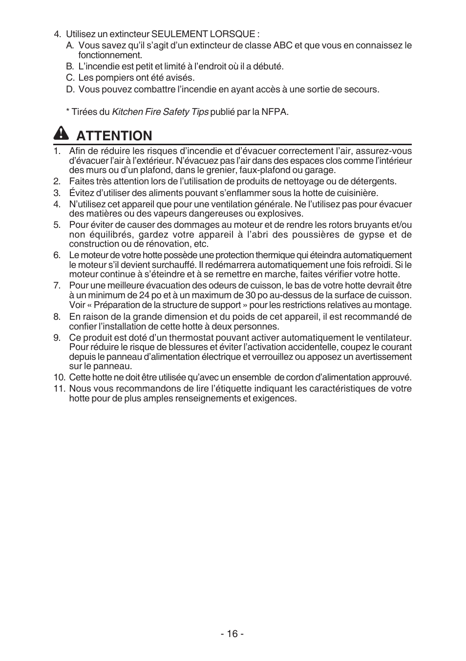 Attention | Broan E55000 User Manual | Page 16 / 44