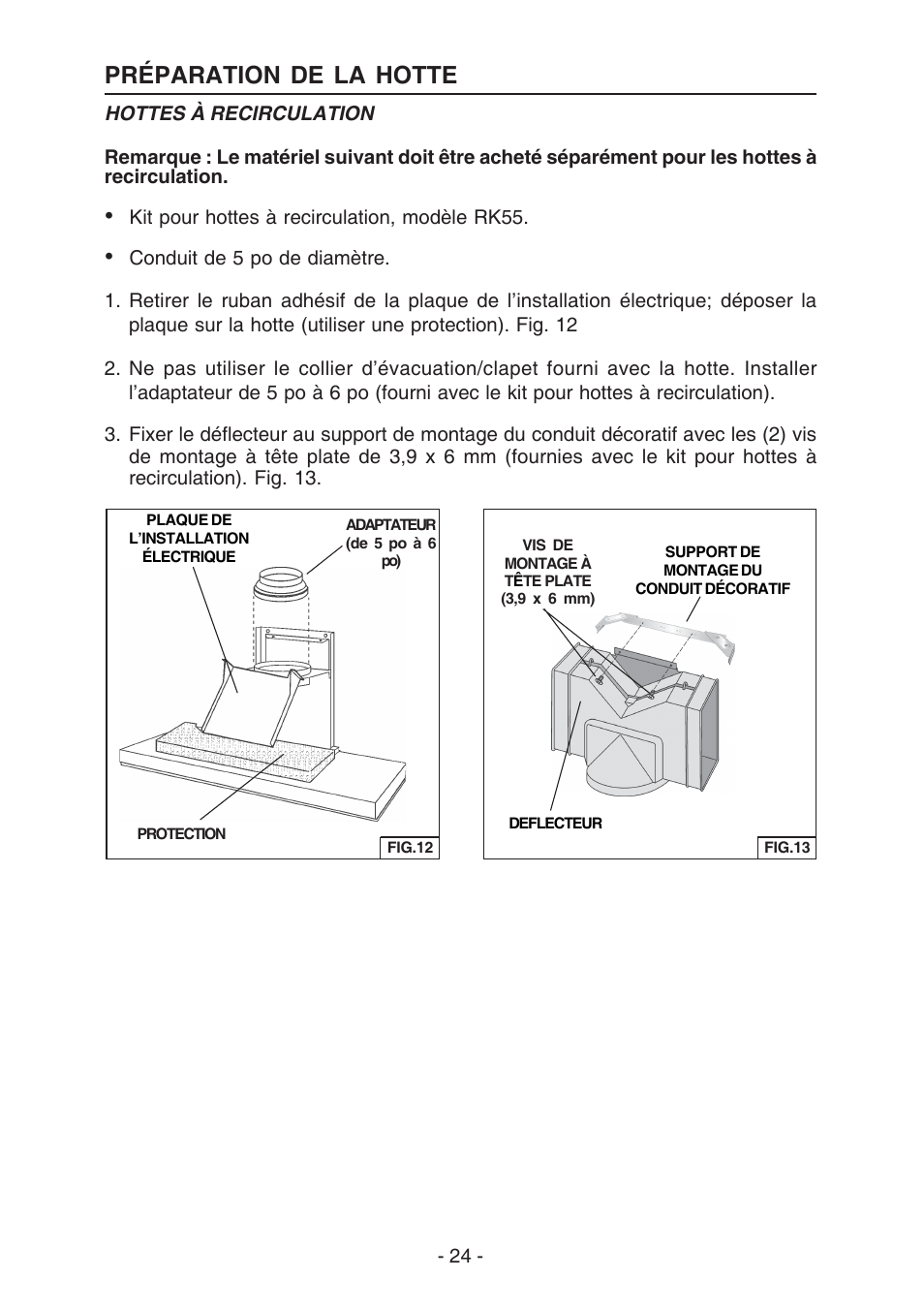 Préparation de la hotte | Broan E55000 User Manual | Page 24 / 44