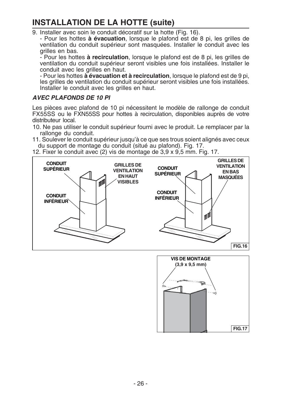 Installation de la hotte (suite) | Broan E55000 User Manual | Page 26 / 44