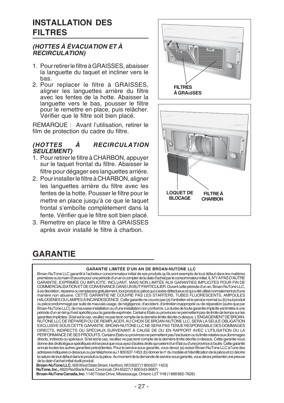 Garantie installation des filtres | Broan E55000 User Manual | Page 27 / 44