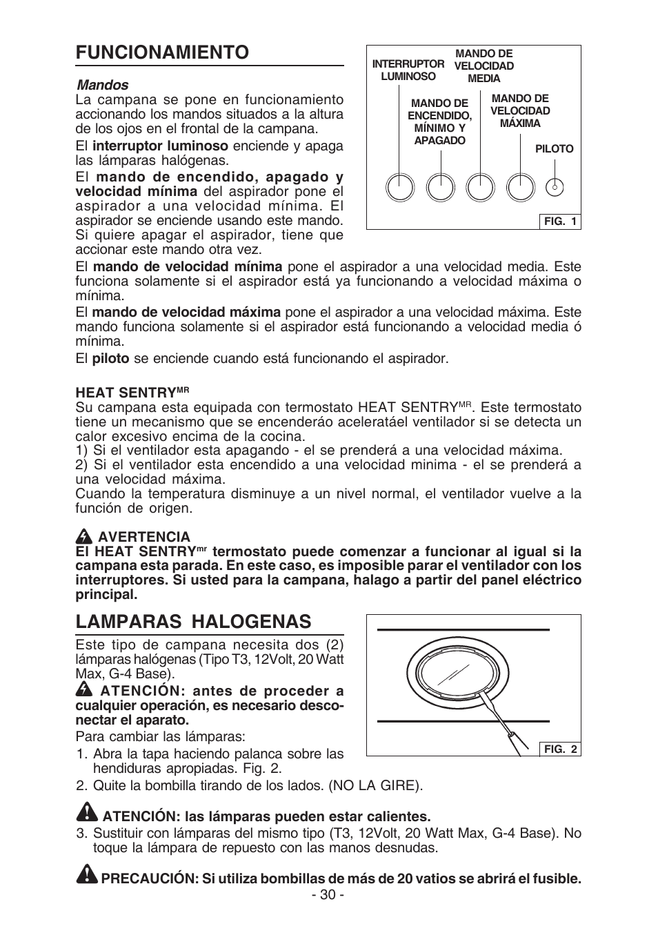 Funcionamiento, Lamparas halogenas | Broan E55000 User Manual | Page 30 / 44